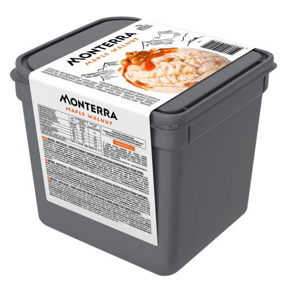 “MONTERRA” ice cream plombier with maple syrup and pieces of caramelized walnuts